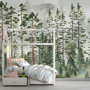 Pine Tree Forest Wallpaper | Watercolor Forest Wall Mural