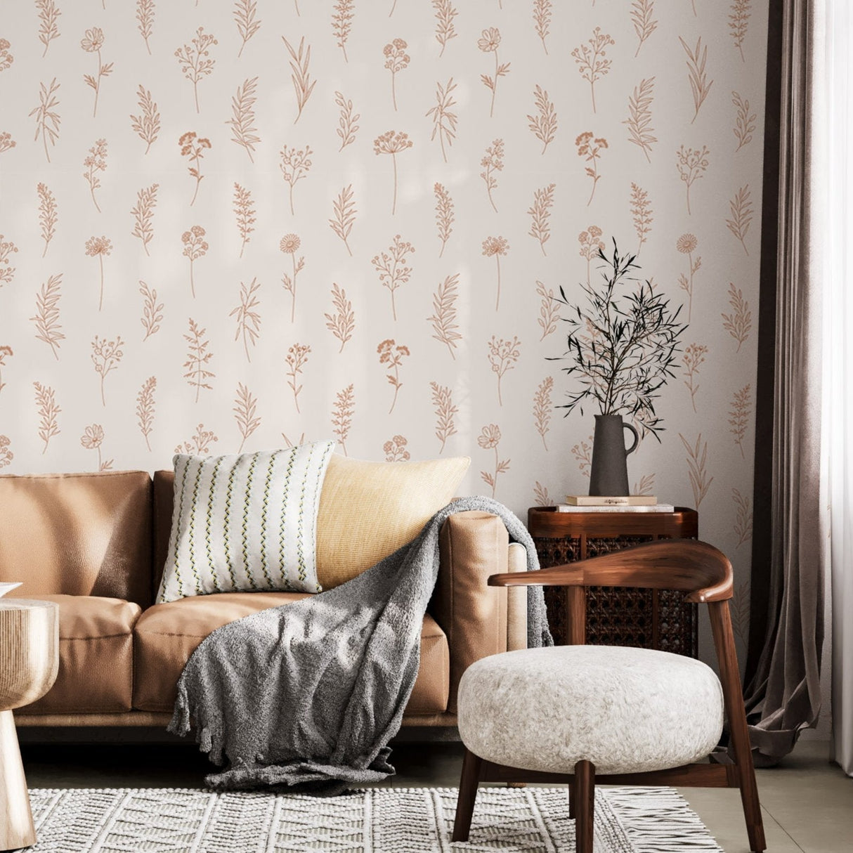 Modern Botanical Wallpaper Peel and Stick - Thin Line Wildflowers