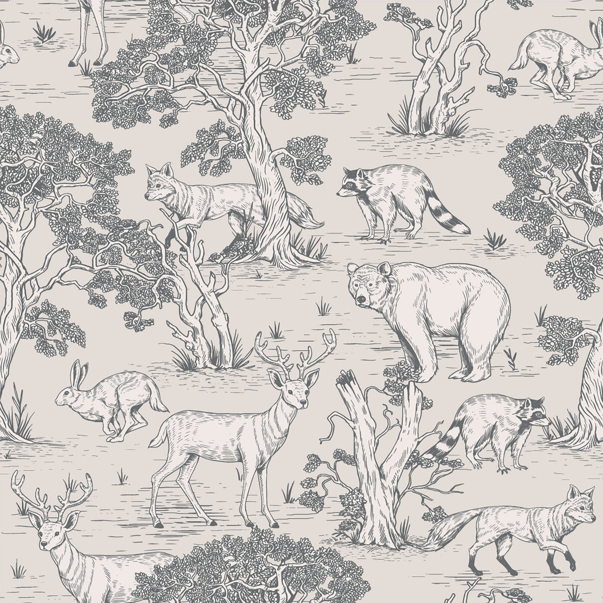 Woodland Animals Toile Wallpaper - Vintage Forest Wildlife Mural