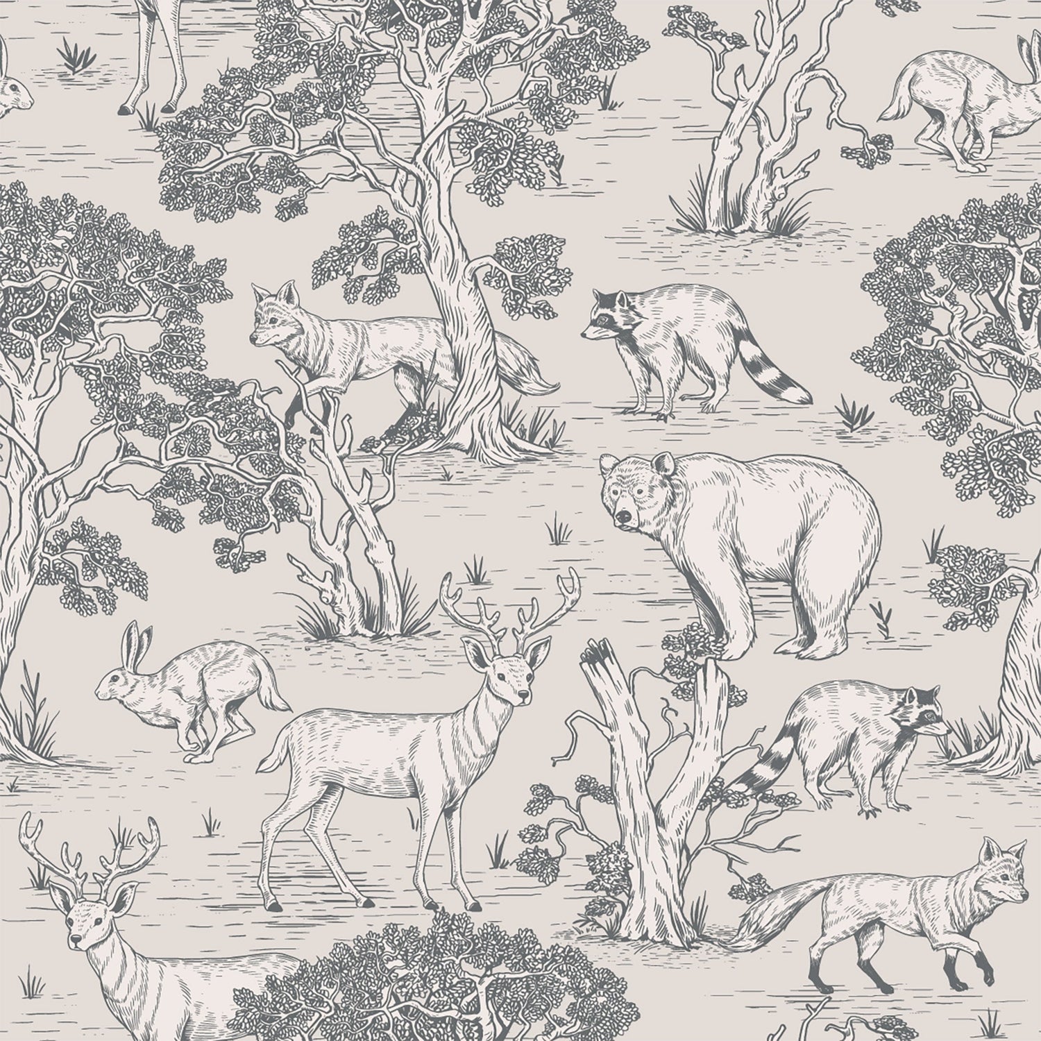 Woodland Animals Toile Wallpaper - Vintage Forest Wildlife Mural