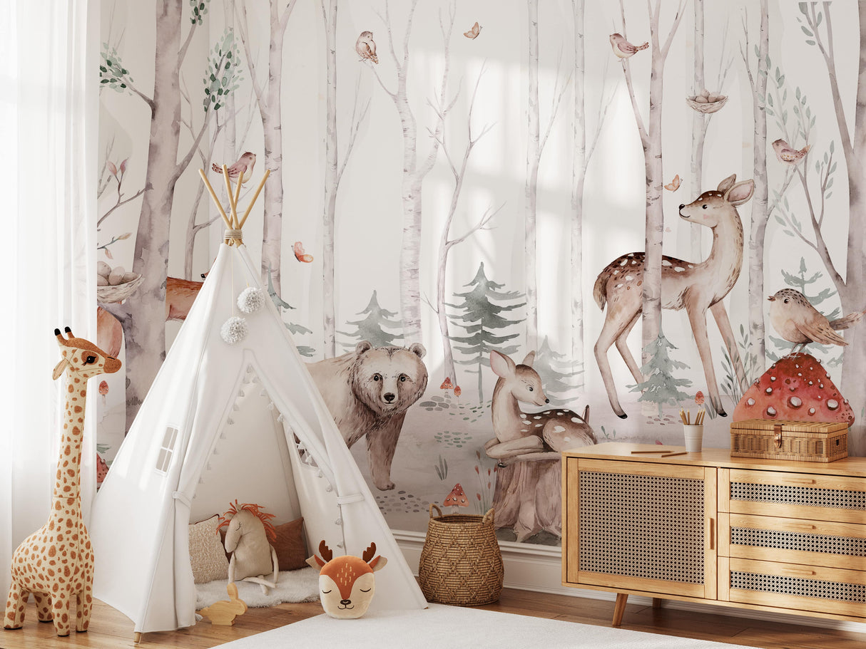 Woodland Creatures Watercolor Wallpaper - Peel and Stick Forest Animal Mural