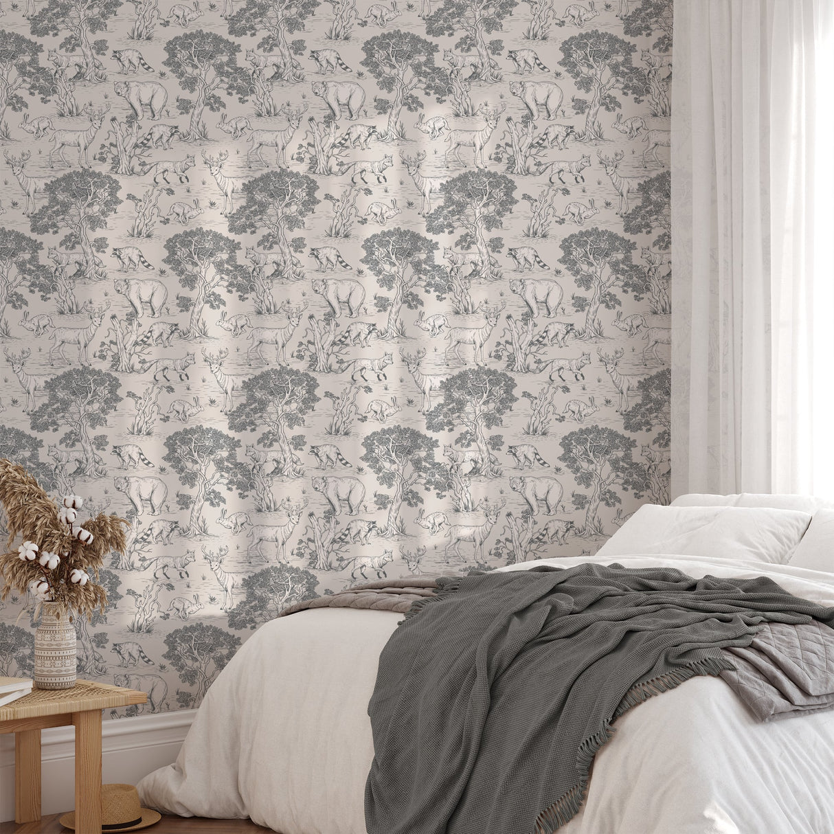 Woodland Animals Toile Wallpaper - Vintage Forest Wildlife Mural