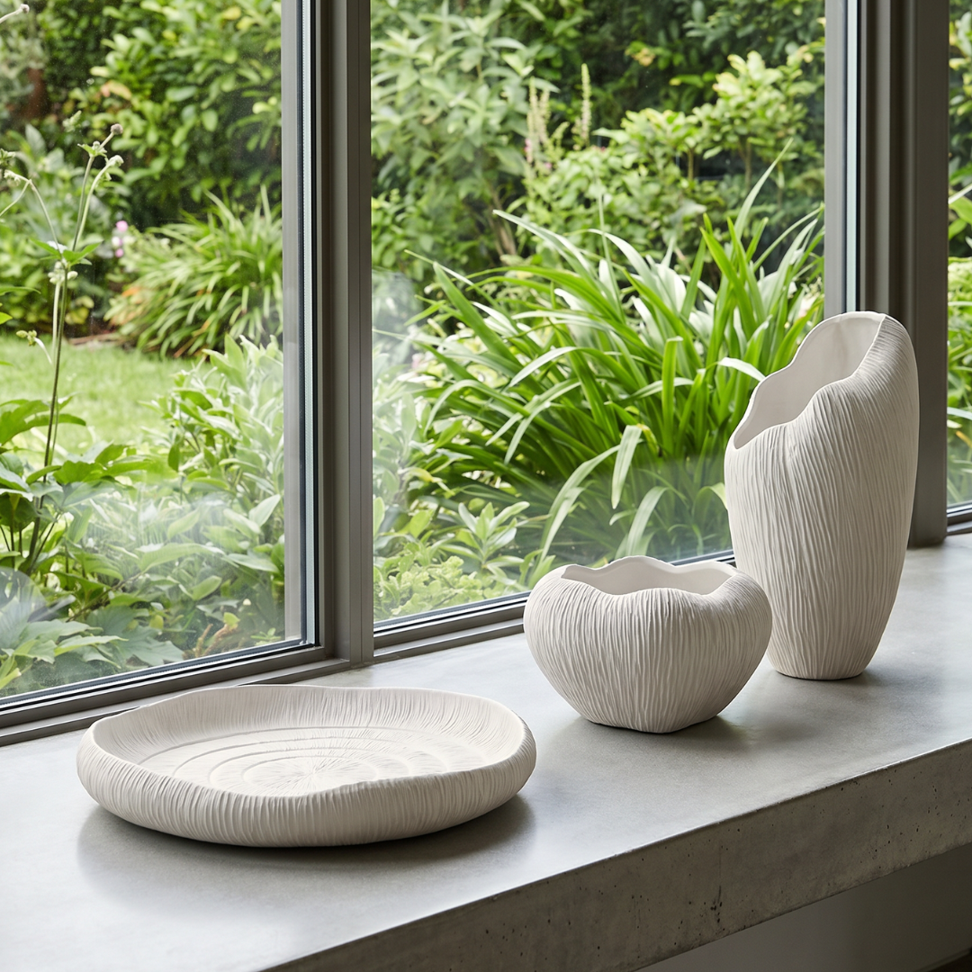 Zephyr Vasque, Artisan Cement Display Piece Hand-painted in Linen White, 8.2"D x 15.7"H