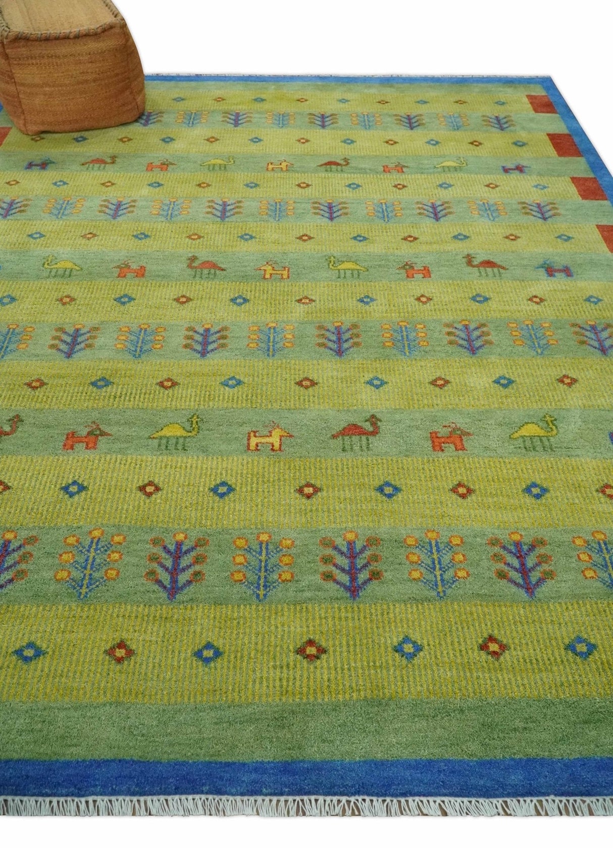 Animal and Tree Life Green, Blue and Rust Hand knotted Traditional Multi Size Wool Area Rug, Kids, Living Room and Bedroom Rug