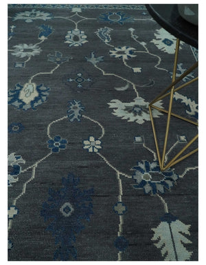 Antique Hand Knotted Oushak Charcoal and Blue Traditional Area Rug
