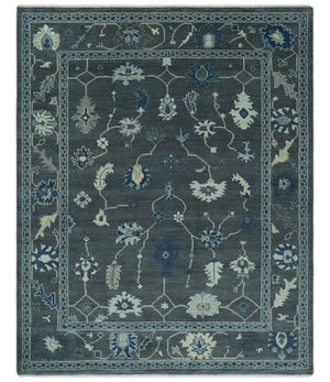 Antique Hand Knotted Oushak Charcoal and Blue Traditional Area Rug