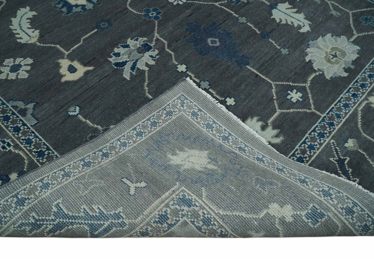 Antique Hand Knotted Oushak Charcoal and Blue Traditional Area Rug