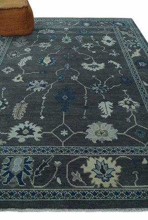 Antique Hand Knotted Oushak Charcoal and Blue Traditional Area Rug