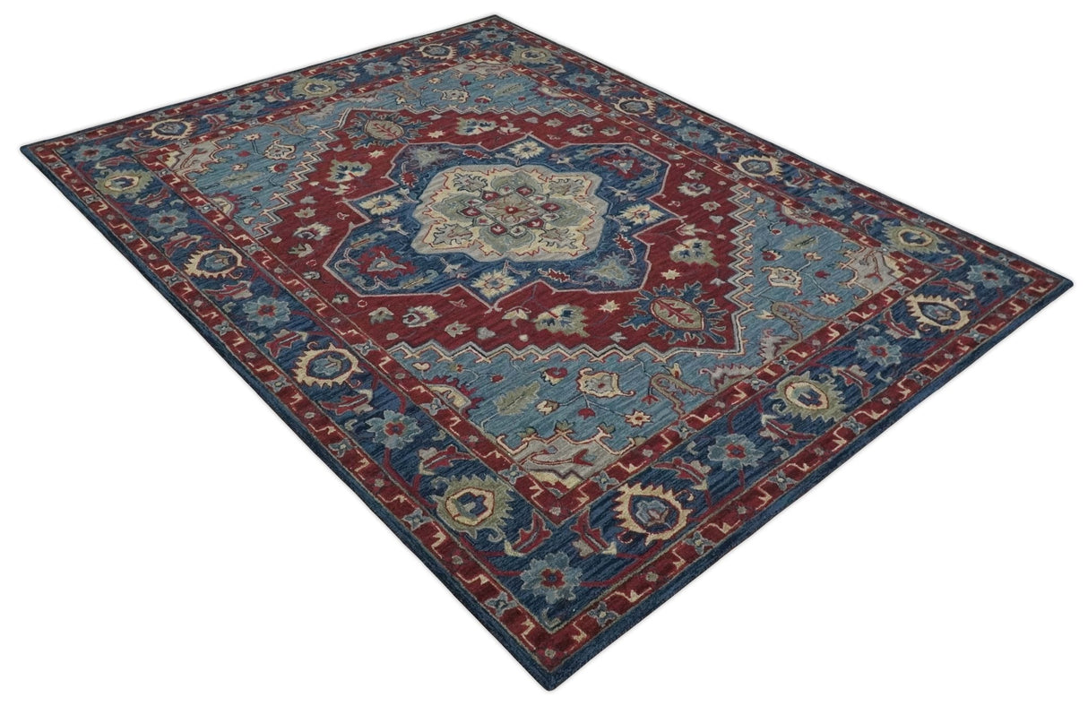 Antique look Maroon and Blue Hand Tufted Traditional Heriz Medallion Multi Size wool Area Rug