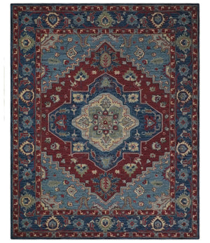 Antique look Maroon and Blue Hand Tufted Traditional Heriz Medallion Multi Size wool Area Rug