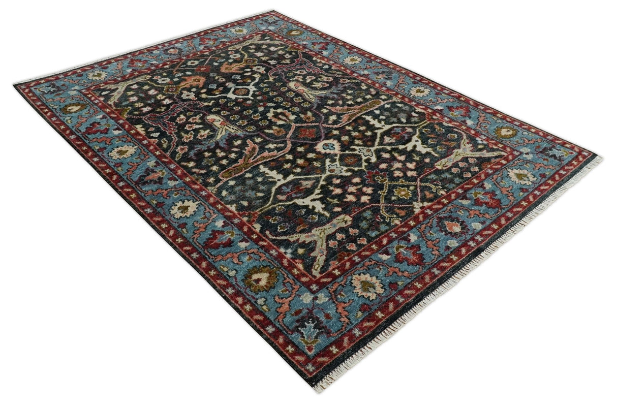 Charcoal and Blue Hand Knotted Oushak Multi Size Wool Area Rug