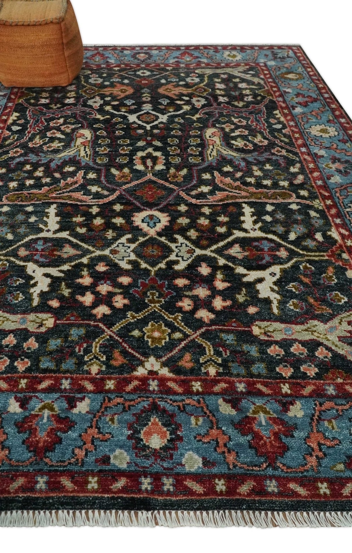 Charcoal and Blue Hand Knotted Oushak Multi Size Wool Area Rug
