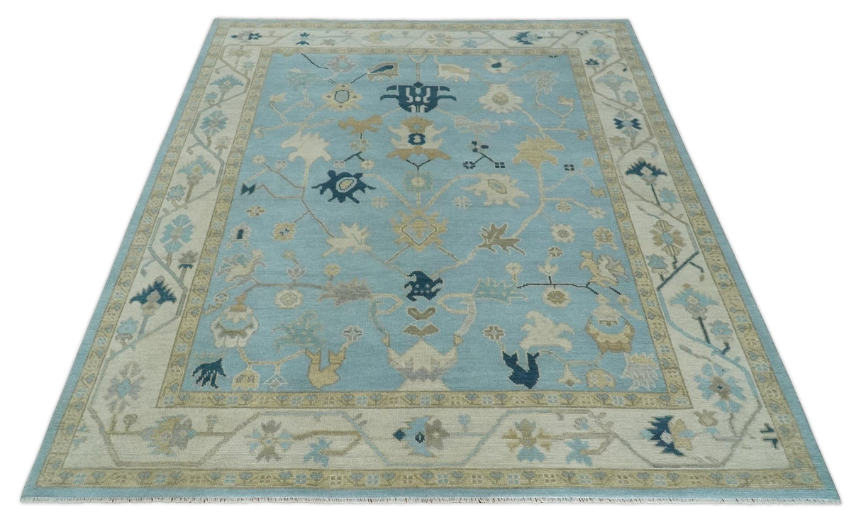 Antique Blue, Ivory and Beige Multi Size Traditional Oushak Wool Rug