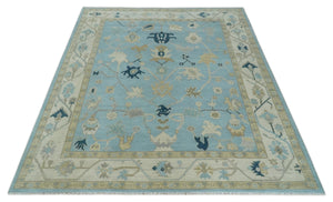 Antique Blue, Ivory and Beige Multi Size Traditional Oushak Wool Rug