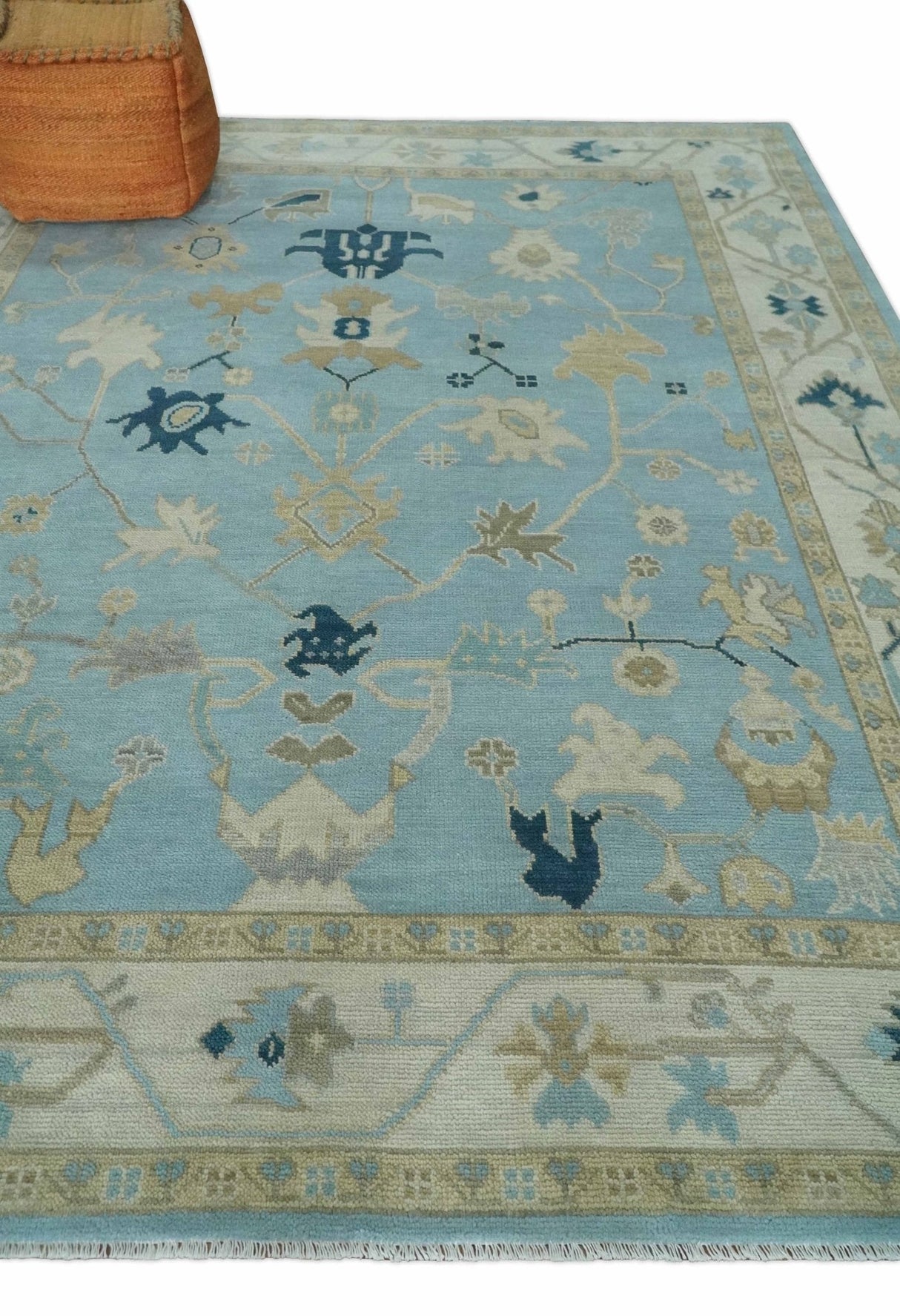 Antique Blue, Ivory and Beige Multi Size Traditional Oushak Wool Rug