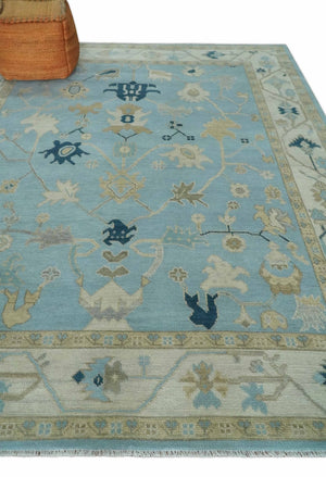 Antique Blue, Ivory and Beige Multi Size Traditional Oushak Wool Rug