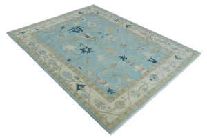 Antique Blue, Ivory and Beige Multi Size Traditional Oushak Wool Rug