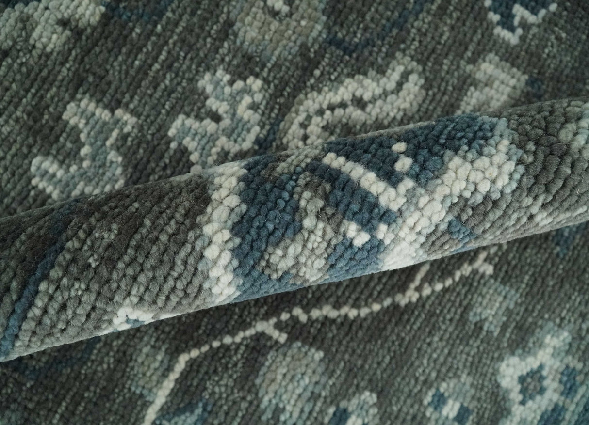 Antique Charcoal Hand Knotted Oushak Silver and Blue Traditional Wool Rug