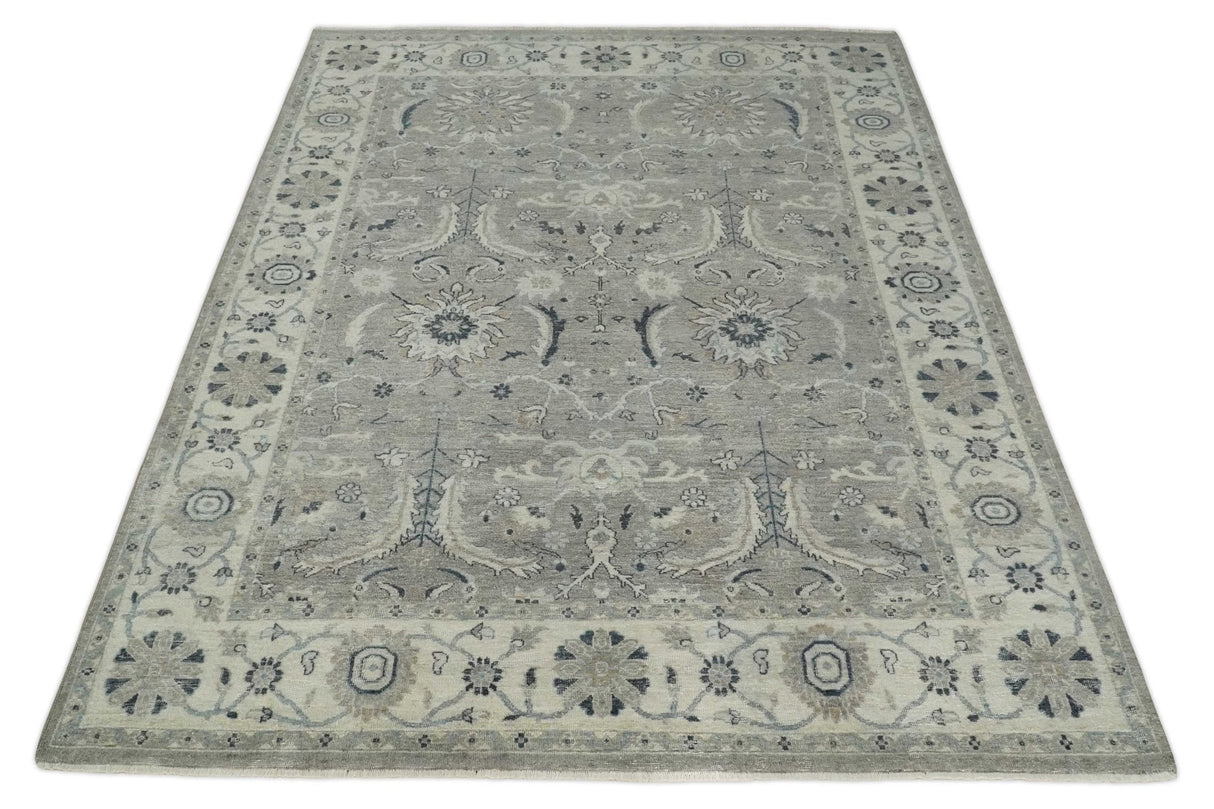 Custom Made Antique Distressed Brown and Beige Hand Knotted Traditional Oriental Oushak Wool Area Rug
