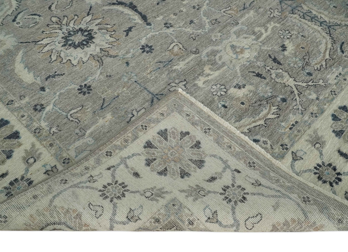 Custom Made Antique Distressed Brown and Beige Hand Knotted Traditional Oriental Oushak Wool Area Rug