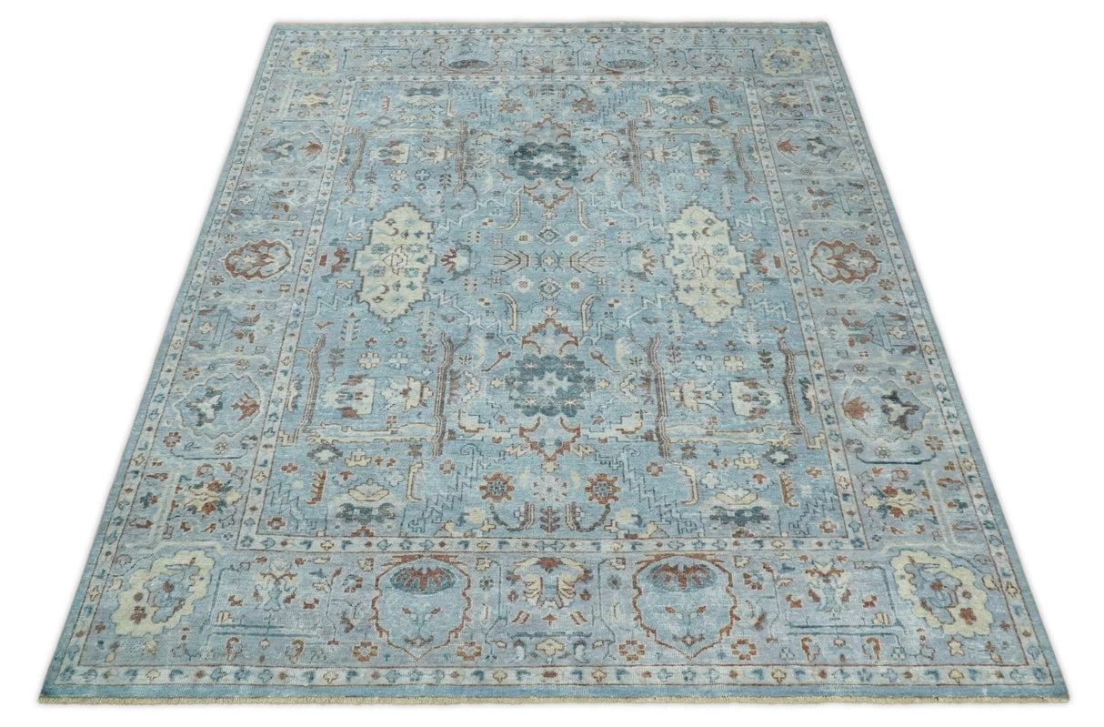Antique Distressed finished Aqua, Beige and Brown Hand Knotted Low Pile Wool Area Rug