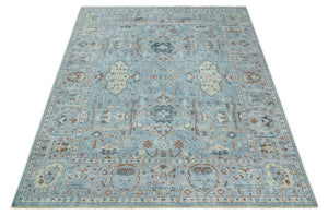 Antique Distressed finished Aqua, Beige and Brown Hand Knotted Low Pile Wool Area Rug