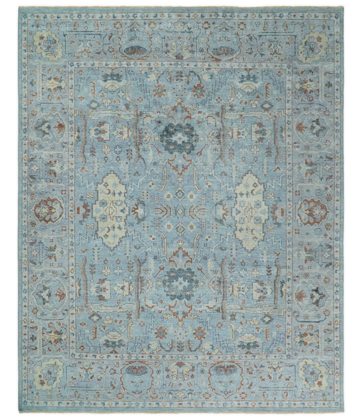 Antique Distressed finished Aqua, Beige and Brown Hand Knotted Low Pile Wool Area Rug