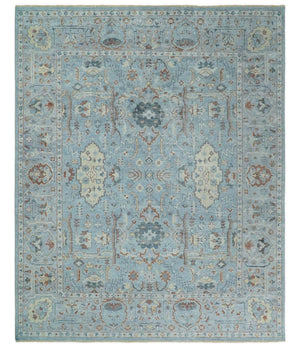 Antique Distressed finished Aqua, Beige and Brown Hand Knotted Low Pile Wool Area Rug