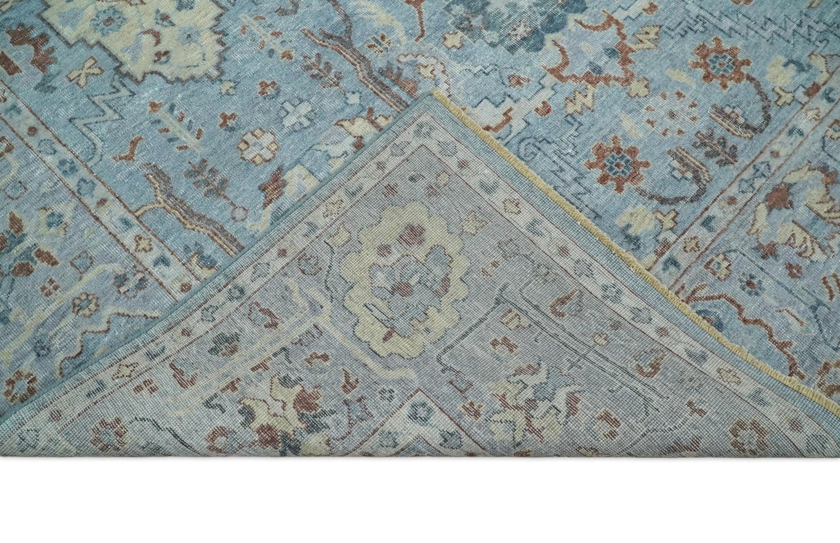 Antique Distressed finished Aqua, Beige and Brown Hand Knotted Low Pile Wool Area Rug