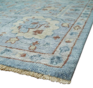 Antique Distressed finished Aqua, Beige and Brown Hand Knotted Low Pile Wool Area Rug