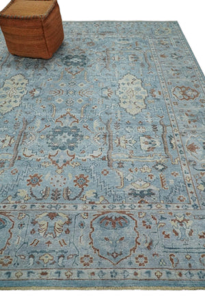 Antique Distressed finished Aqua, Beige and Brown Hand Knotted Low Pile Wool Area Rug