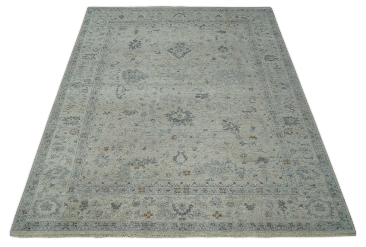 Antique Distressed look Beige and Charcoal Low Pile Multi Size Oushak wool Area Rug