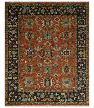Custom Made Hand Knotted Rust and Black Traditional Wool Rug