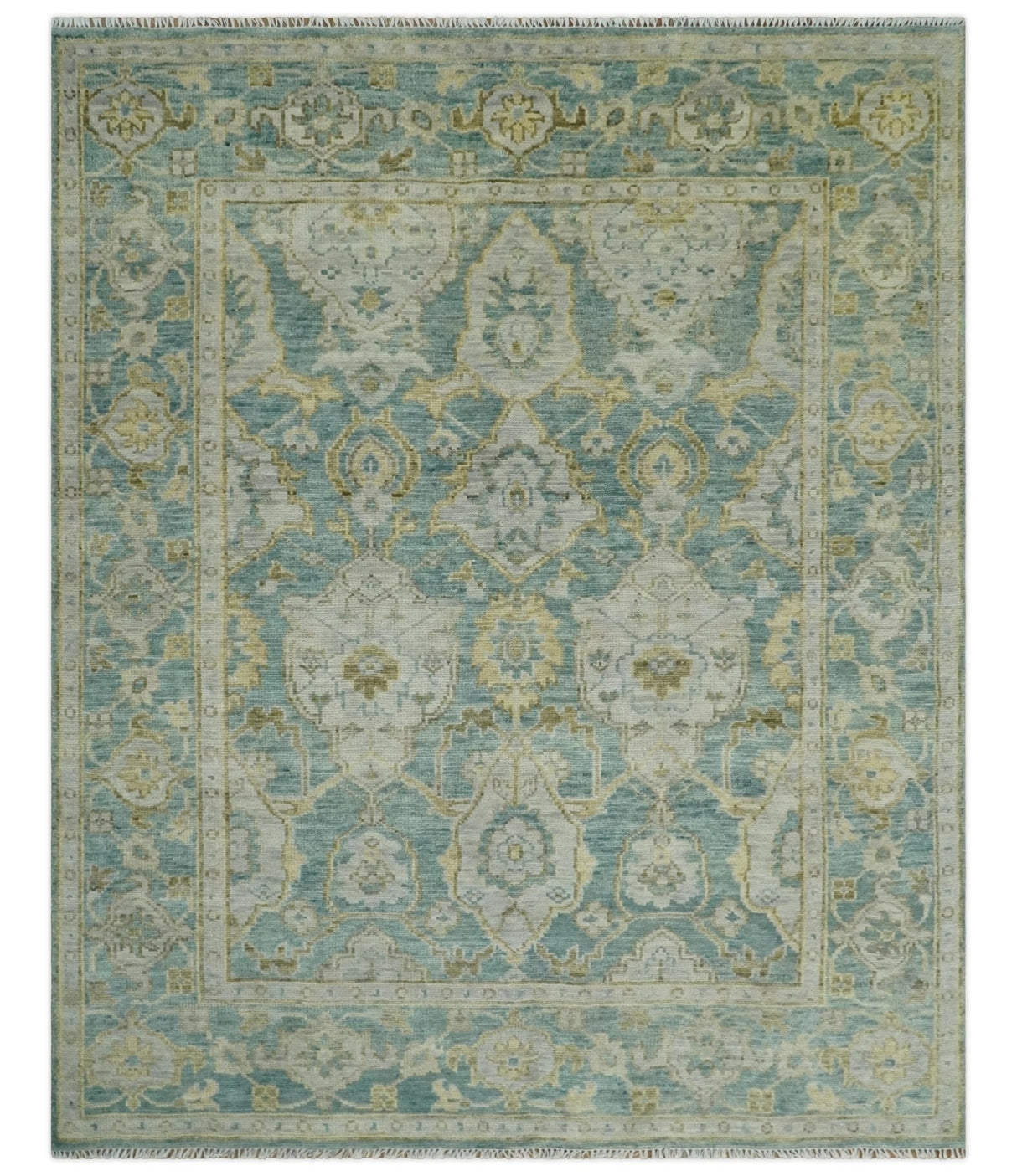 Hand Knotted Traditional Turkish Teal Oushak Wool Rug