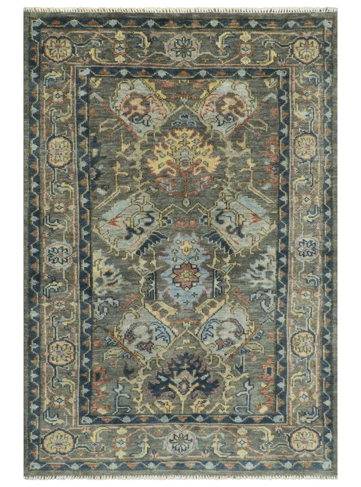 Antique Moss All Wool Traditional Oushak Charcoal, Brown and Blue Hand knotted Custom Made wool Area Rug