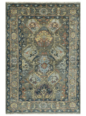 Antique Moss All Wool Traditional Oushak Charcoal, Brown and Blue Hand knotted Custom Made wool Area Rug