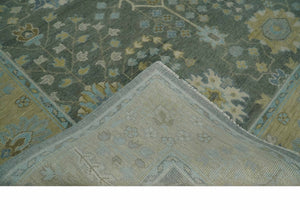 Antique Moss Charcoal Hand Knotted Olive and Beige Traditional Floral Vintage Wool Rug