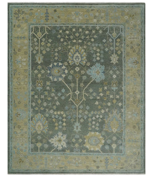 Antique Moss Charcoal Hand Knotted Olive and Beige Traditional Floral Vintage Wool Rug