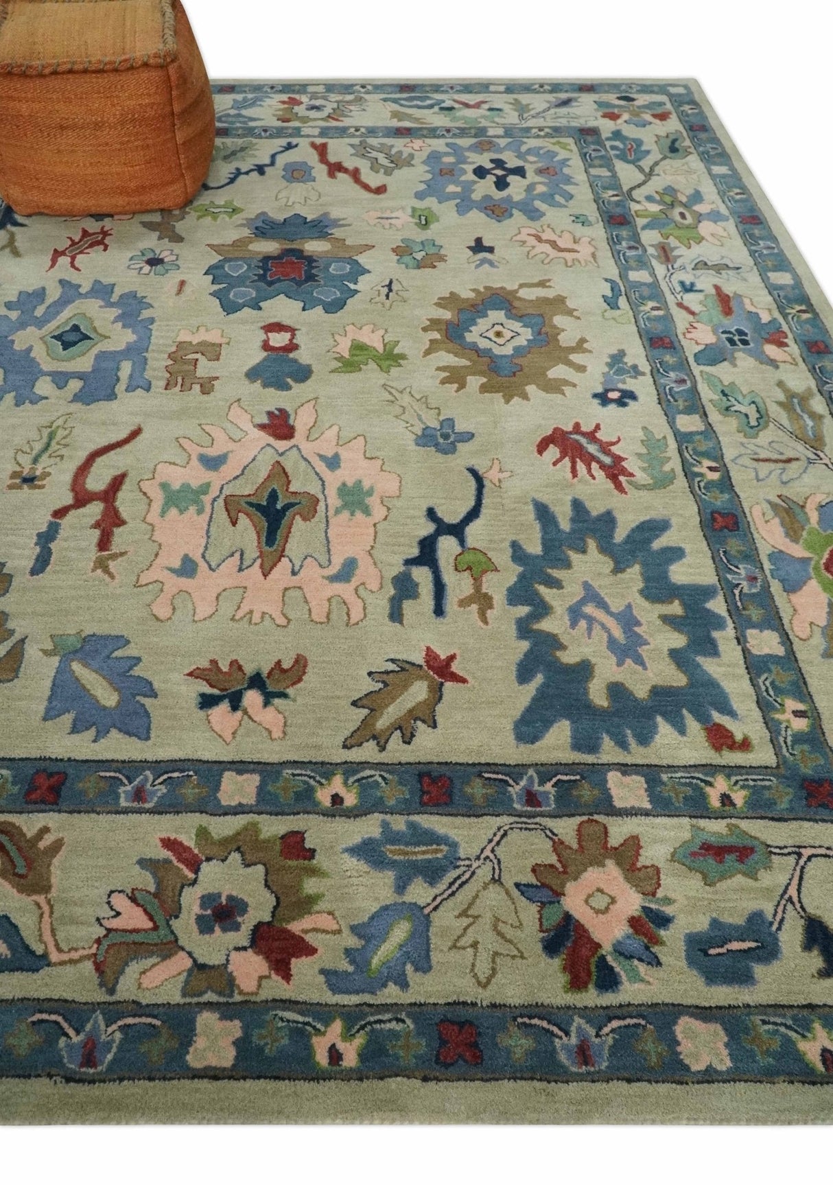 Hand Tufted Beige, Blue and Peach Traditional Oushak Custom Made wool Area Rug, Kids, Living Room and Bedroom Rug