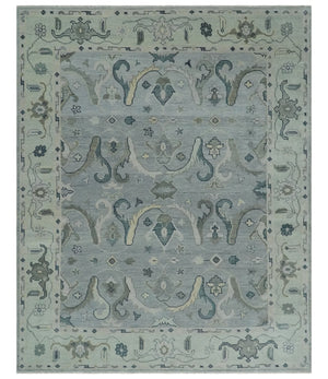 Antique Style Custom Made Charcoal, Silver and Green Hand Knotted Oriental Oushak Wool Area Rug