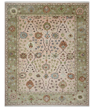 Antique Style floral Hand knotted Peach Pink and Green Custom Made Wool Area Rug