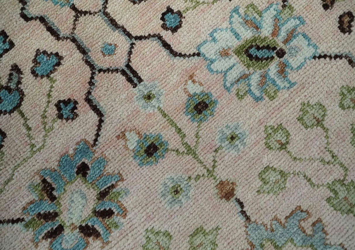 Antique Style floral Hand knotted Peach Pink and Green Custom Made Wool Area Rug