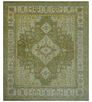 Antique Style Green, Ivory and Beige Hand knotted Heriz Serapi Multi Size wool Area Rug