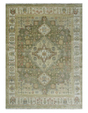 Antique Style Green, Ivory and Beige Hand knotted Heriz Serapi Multi Size wool Area Rug