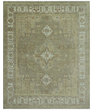 Antique Style Green, Ivory and Beige Hand knotted Heriz Serapi Multi Size wool Area Rug
