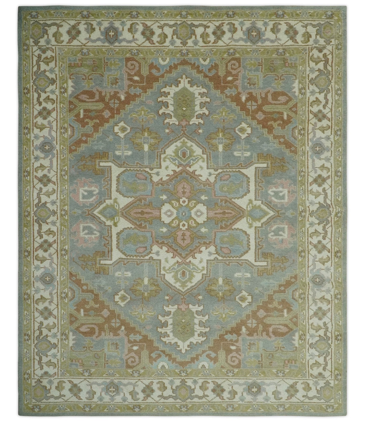 Antique Style Traditional Heriz Gray, Ivory, Peach and Olive Hand Knotted Multi Size wool Area Rug