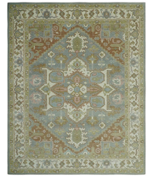 Antique Style Traditional Heriz Gray, Ivory, Peach and Olive Hand Knotted Multi Size wool Area Rug