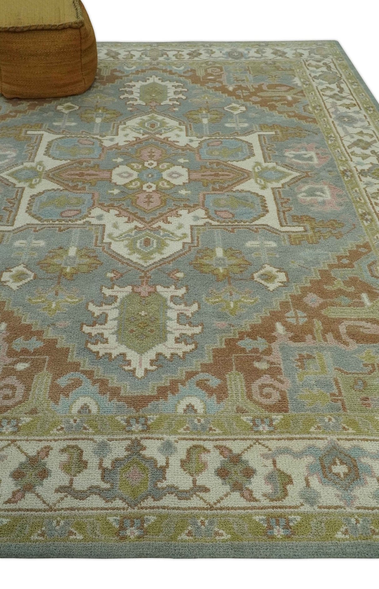 Antique Style Traditional Heriz Gray, Ivory, Peach and Olive Hand Knotted Multi Size wool Area Rug