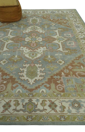 Antique Style Traditional Heriz Gray, Ivory, Peach and Olive Hand Knotted Multi Size wool Area Rug
