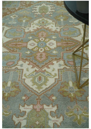 Antique Style Traditional Heriz Gray, Ivory, Peach and Olive Hand Knotted Multi Size wool Area Rug